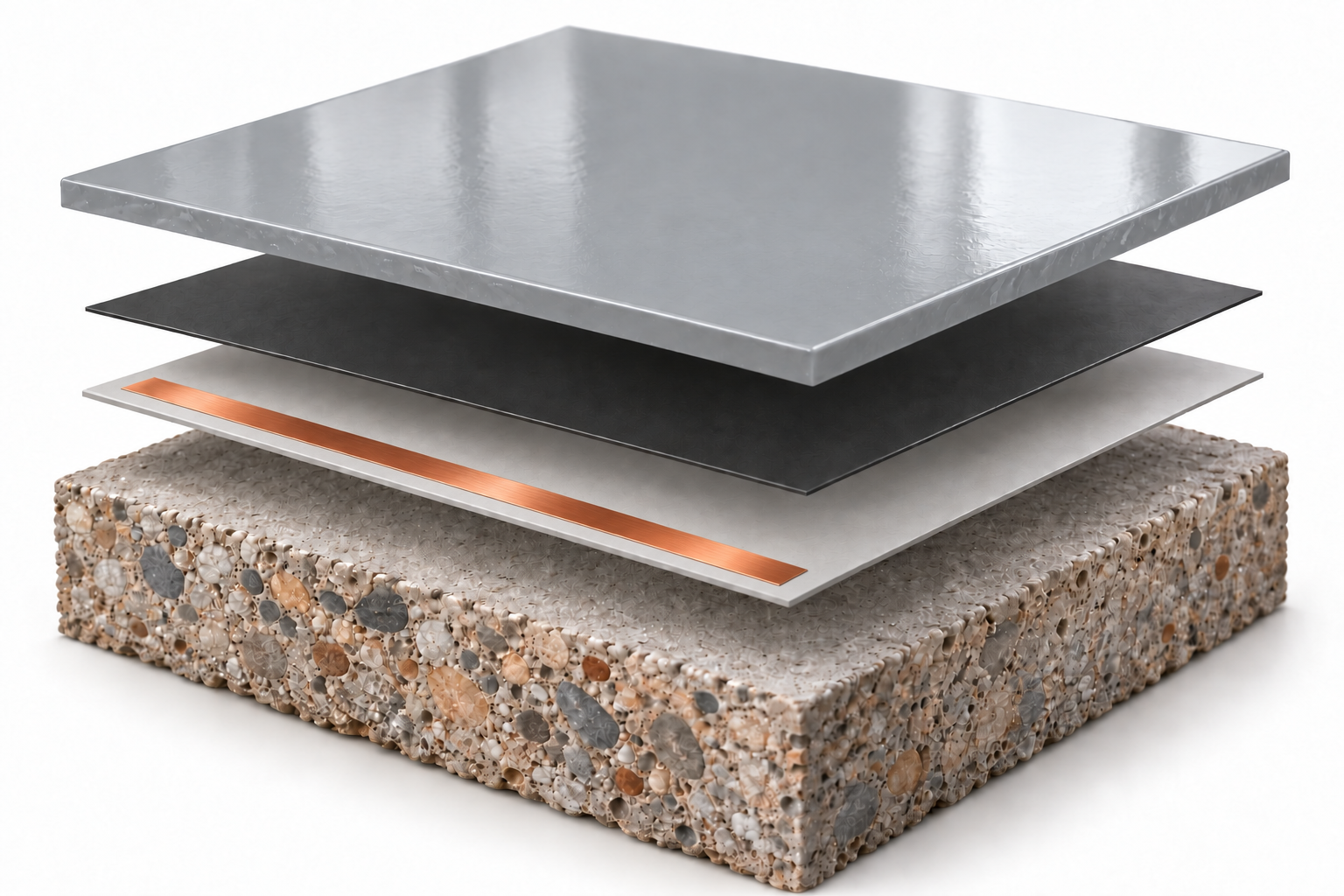 Sistema ESP A1 CD: autonivelante cinza claro, primer condutivo preto, fita de cobre recuada da borda sobre o primeiro primer cinza e concreto polido.
