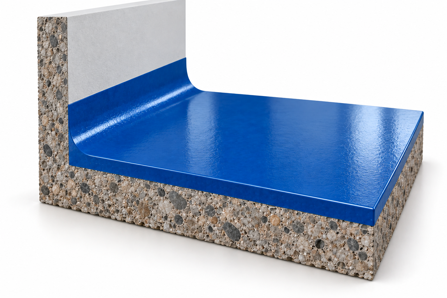 Rodapé meia-cana com parede à esquerda e piso à direita, acabamento epóxi azul contínuo na curva entre piso e parede e base de concreto aparente.