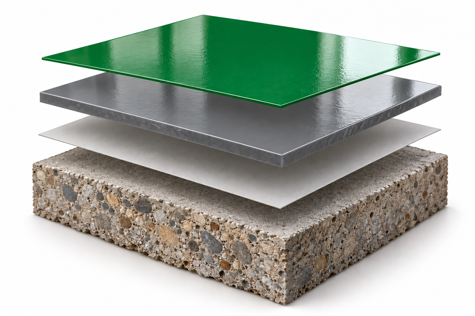 Sistema ESP E5 com quatro camadas: pintura epóxi verde fina, espatulado epóxi cinza espesso, primer fino e concreto fresado.