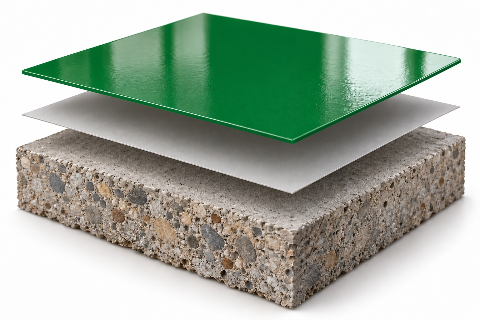 Demonstração da pintura ESP I250: camada verde fina, primer opcional e base de concreto polido.