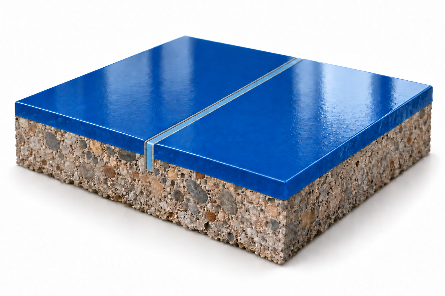 Revestimento epóxi azul sobre concreto, com junta central de bordas cinza e preenchimento azul claro; o corte penetra somente um terço da espessura do concreto, mantendo os dois terços inferiores íntegros.