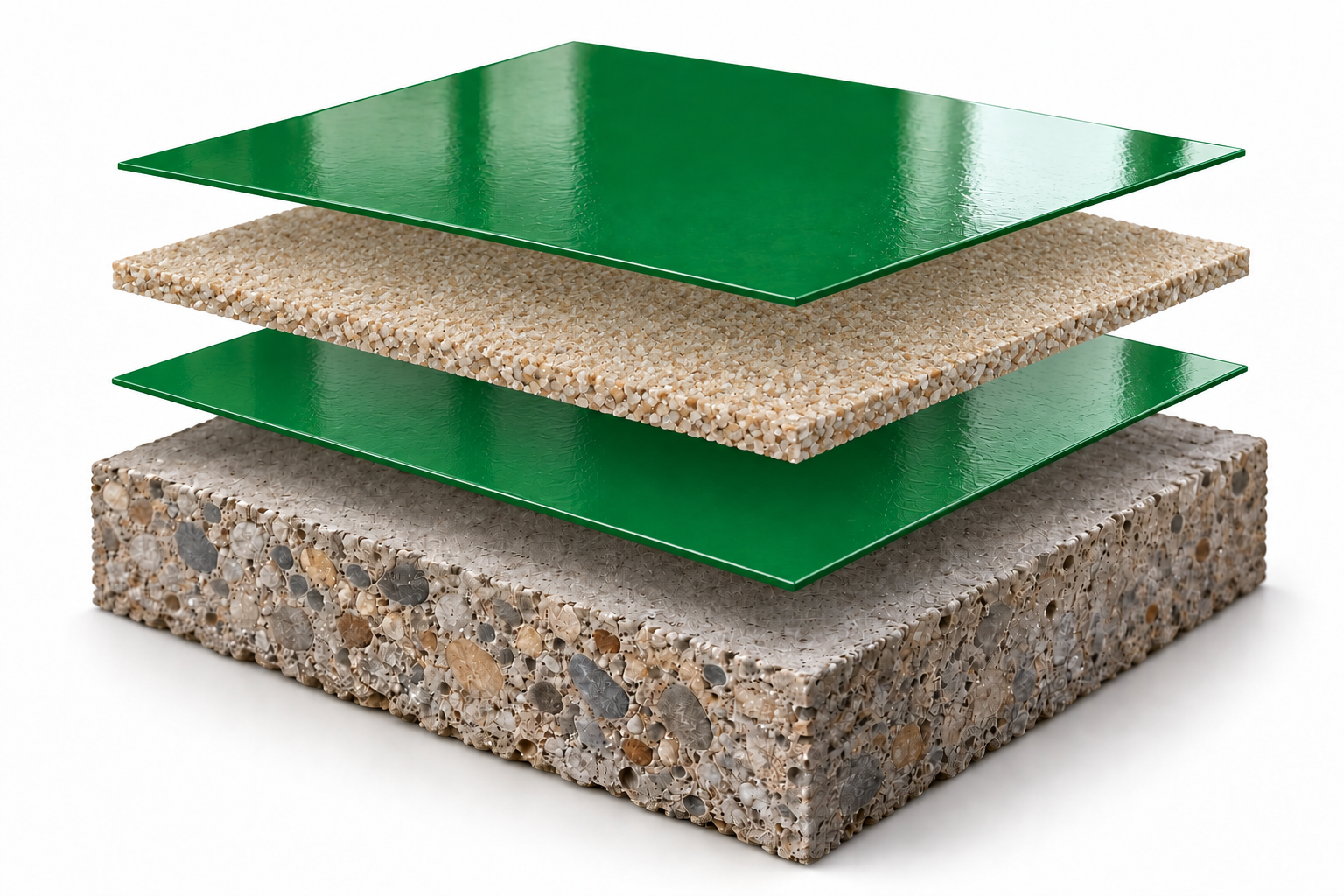 Sistema multilayer com pintura epóxi verde ESP I250, aspersão de areia de quartzo bege, outra camada verde de ESP I250 e base de concreto.
