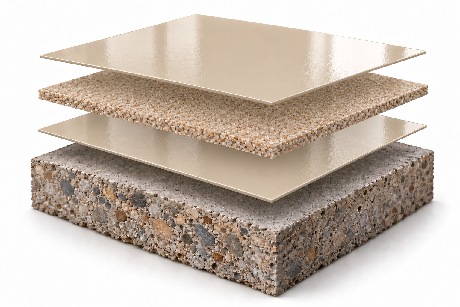 Sistema multilayer com ESP MMA bege, aspersão de areia de quartzo, outra camada bege de ESP MMA e base de concreto.