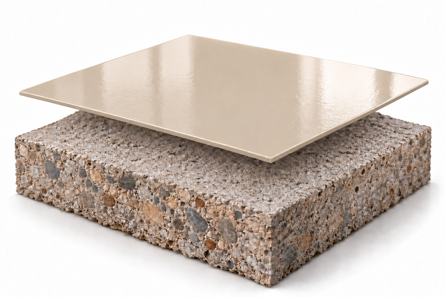 Pintura ESP MMA: uma única camada fina bege sobre a base de concreto polido.