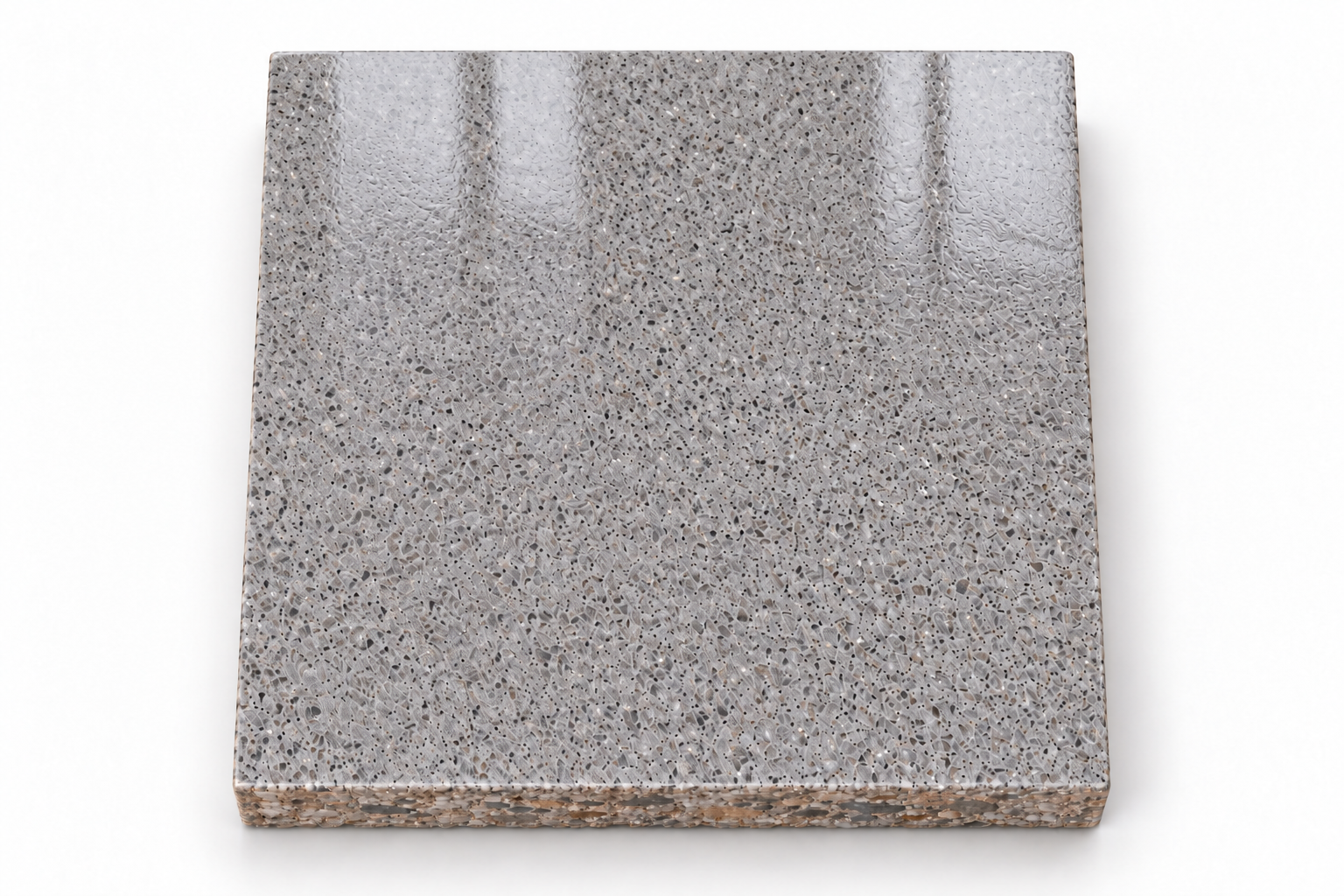 Lapidação Comercial: vista superior de toda a face do concreto polido com brilho intermediário, sem camada de revestimento.