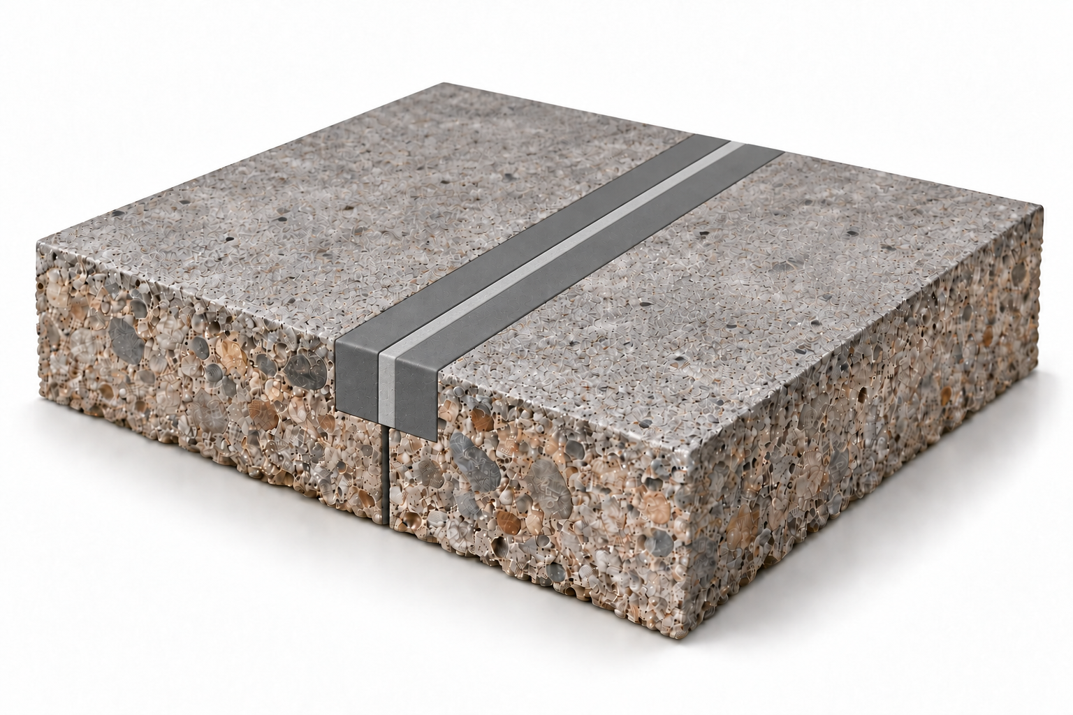 Concreto com reforços cinza escuro de aproximadamente 20 mm de cada lado da junta e preenchimento central cinza claro, ambos até metade da profundidade da placa, com concreto abaixo.