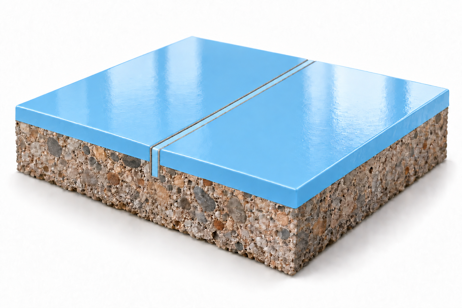 Junta ESP PU Flexível em revestimento azul-claro sobre concreto; o corte central penetra somente um terço da espessura do concreto, mantendo os dois terços inferiores íntegros.