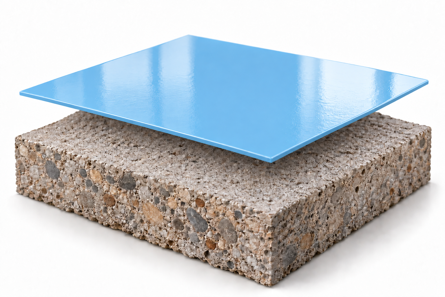 Pintura ESP PU Nobre: uma única camada fina azul-clara próxima à base de concreto polido, sem primer.