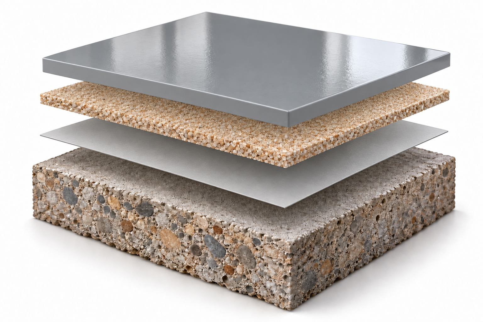Sistema autonivelante de uretano: acabamento cinza espesso, aspersão de areia de quartzo bege, primer fino e base de concreto, de cima para baixo.